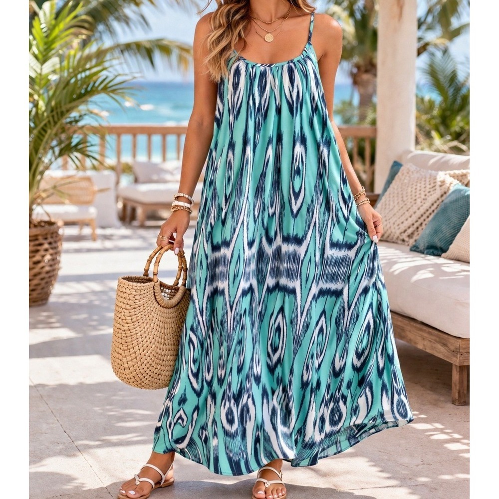 NWT PinkBlush Boho Maxi Dress Small Oversized Teal Print Flowy Vacation